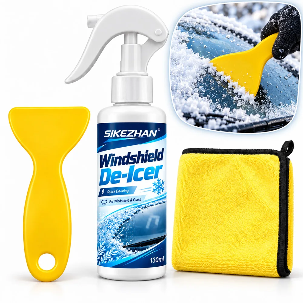 Car Windshield De-Icer 130ml Winter Ice Frost Remover Spray with Scraper Cloth for Auto Window Glass Cleaning Deicing Care Kit