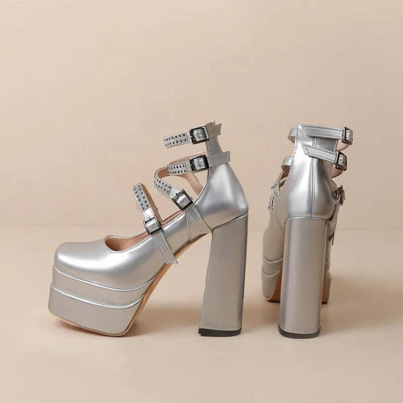 New Belt Buckle Silvery 14cm High Heel Sandals Summer Dress Party Commuter Casual Single Shoes Wedding Bridal Women Shoes 33-43