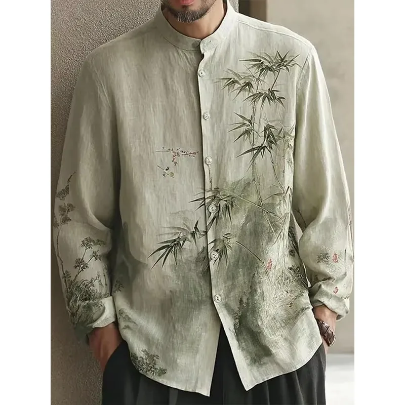 Men's Rice White Abstract Ink Wash Shirt - Bohemian Vacation Artistic Leisure Versatile Shirt Clothing