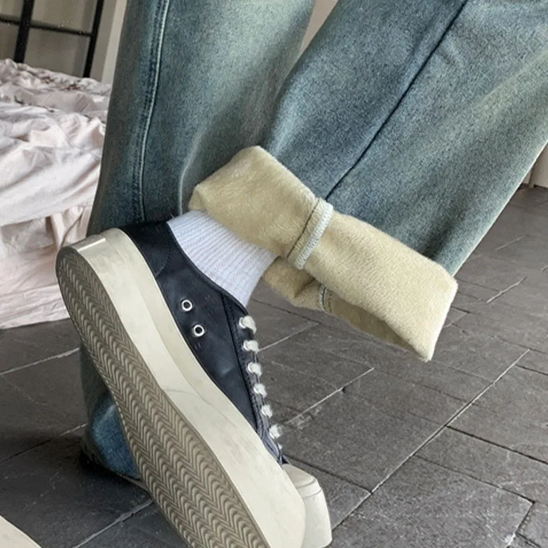 กางเกงยีนส์ผู้หญิงสไตล์วินเทจอเมริกัน Y2K ปี 2025 ทรงขากว้างเอวสูง ซับในขัดเงา ช่วยให้ดูผอมลง