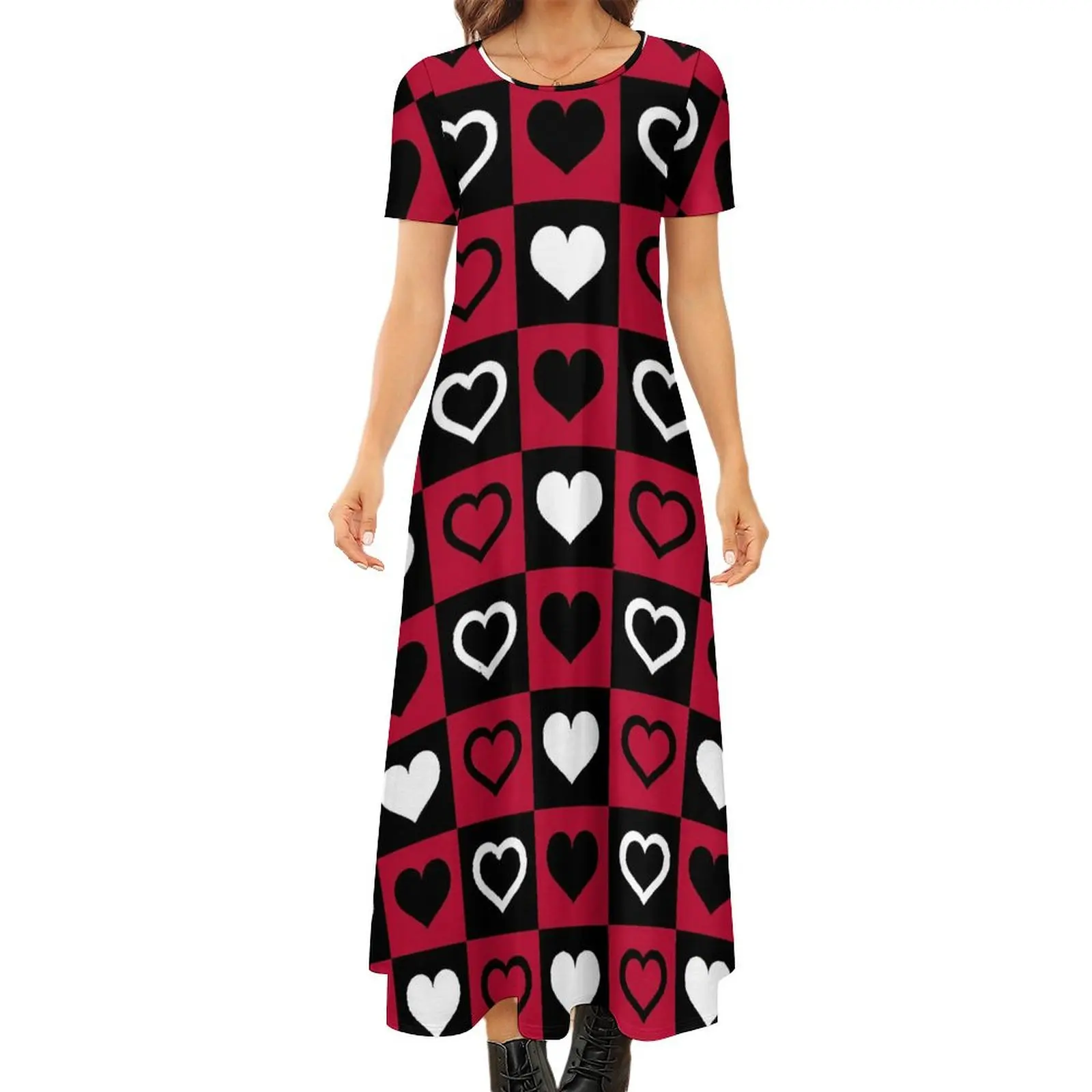 Red And Black Check Print Dress Heart Cute Maxi Dress Aesthetic Boho Beach Long Dresses Ladies Short Sleeve Big Size Vestido