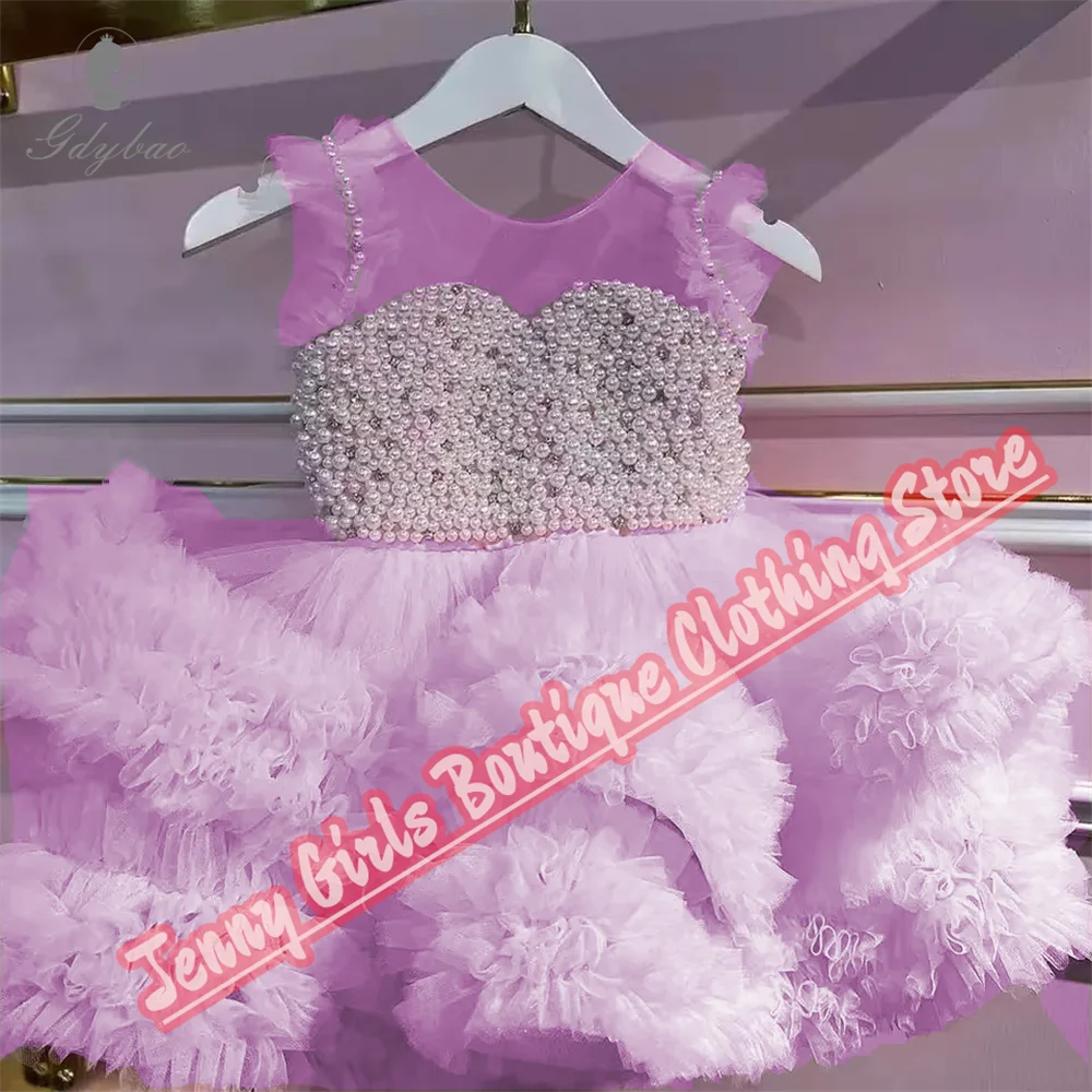 Abito da ragazza di fiori con scollo trasparente Abito da spettacolo per festa di compleanno per prima comunione a strati di perle bianche