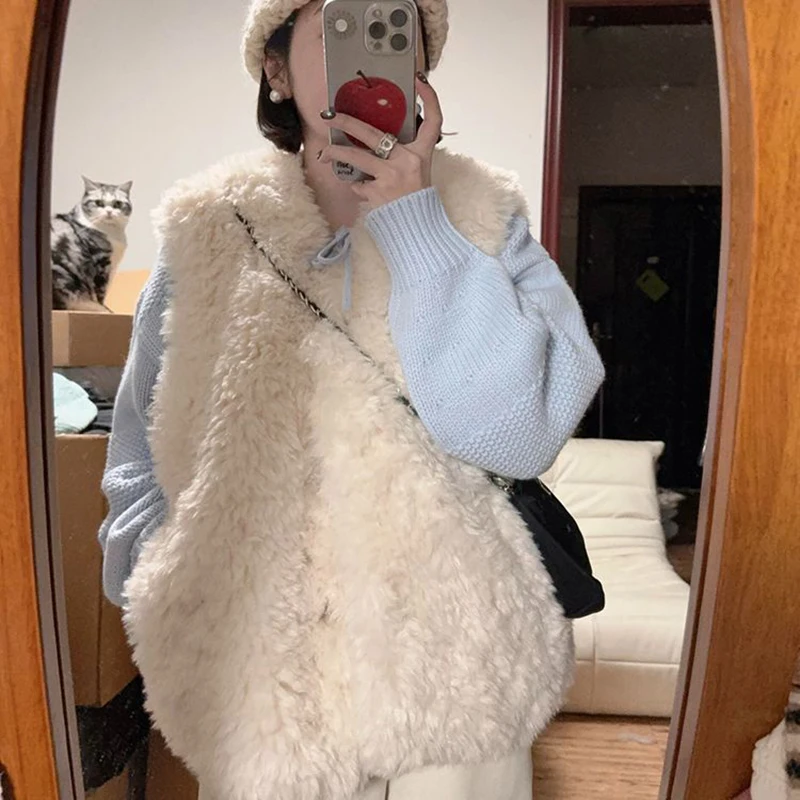 Korean Fuzzy Faux Fur Women Vest Sleeveless Thick Warm Solid Tank Loose Streetwear Retro Winter Outerwear Cardigan Top
