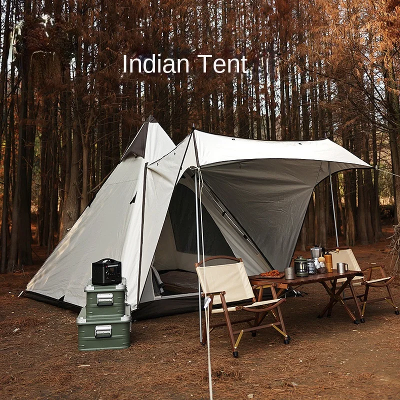 Pointed pyramid tent, outdoor thickened rainproof, one bedroom, one living room, double-layer tent, automatic quick  Indian tent