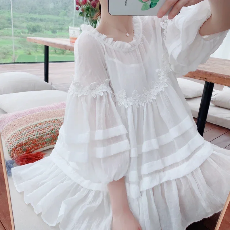 

Chic French Woman Summer Palace Shirt Lantern Sleeve Lace Ruffles Mid-length Loose White Shirt Tops Mori Girl Fairy Blusas Mujer