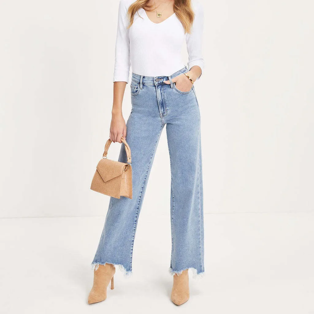 Women Denim Tassel Wide Leg Pants Jeans Washing Loose Fit Mid Waist Pockets Zipper Fly Solid Color Ankle Length Pants Basics