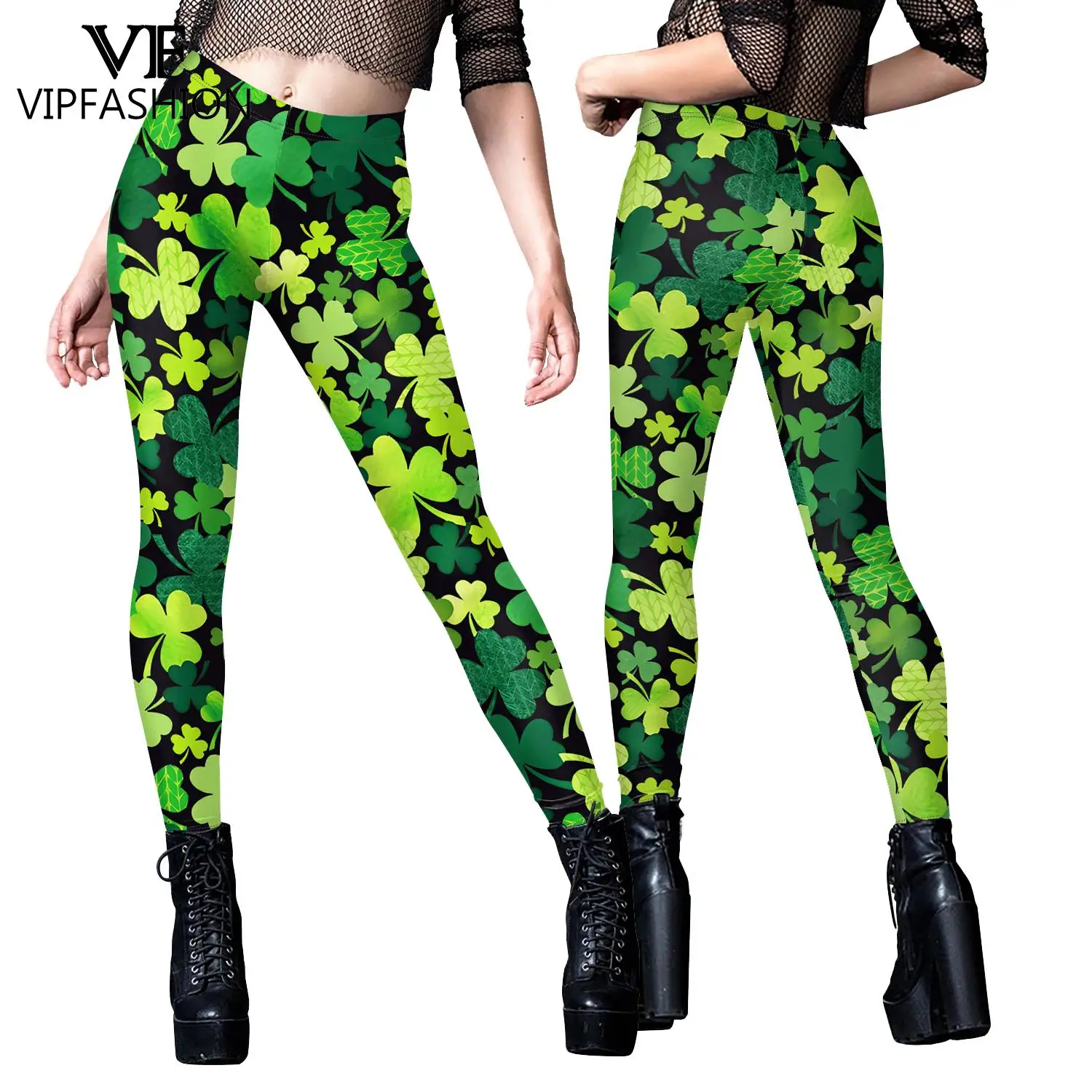 VIP FASHION St. Patrick\'s Day Leggings Women Green Holiday Pants Sexy Elastic Tights Clover Printed Trousers Girls Party Bottom