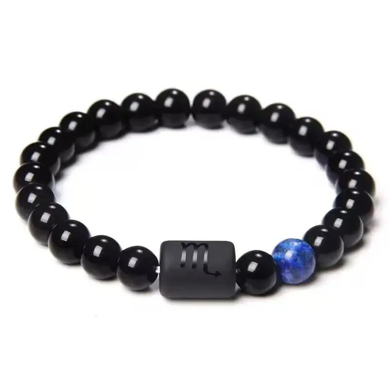 Zodiac Constellations Natural Black Agate Stone Bracelets for Men and Women Beaded Bracelet Jewelry Gifts