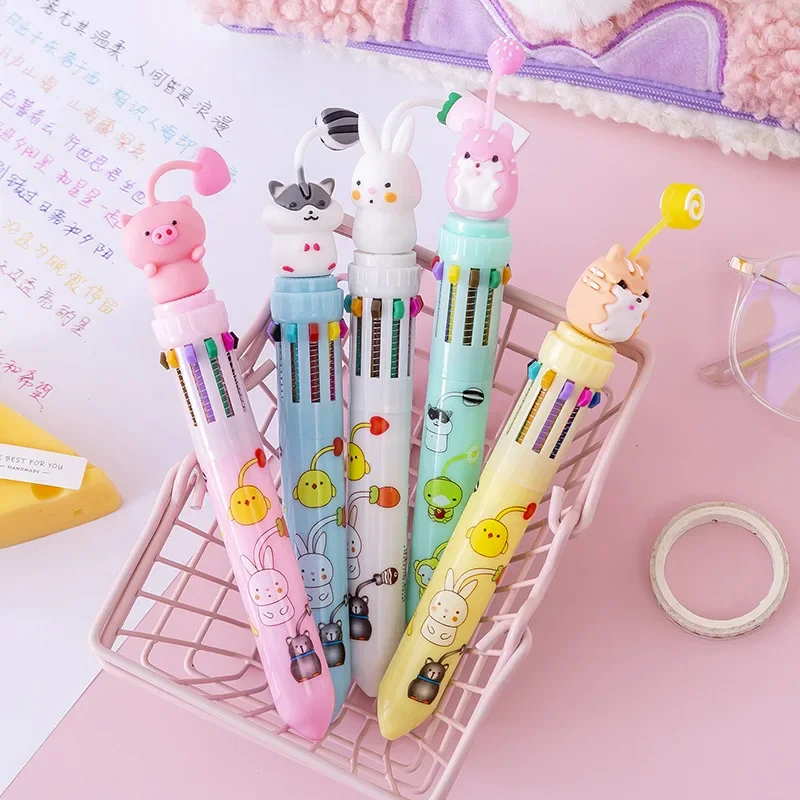 5Pcs Kawaii Animal 10 Colors Ballpoint Pens Cute Cartoon Rabbit Pig Retractable Multicolor Writing Pen School Office Stationery