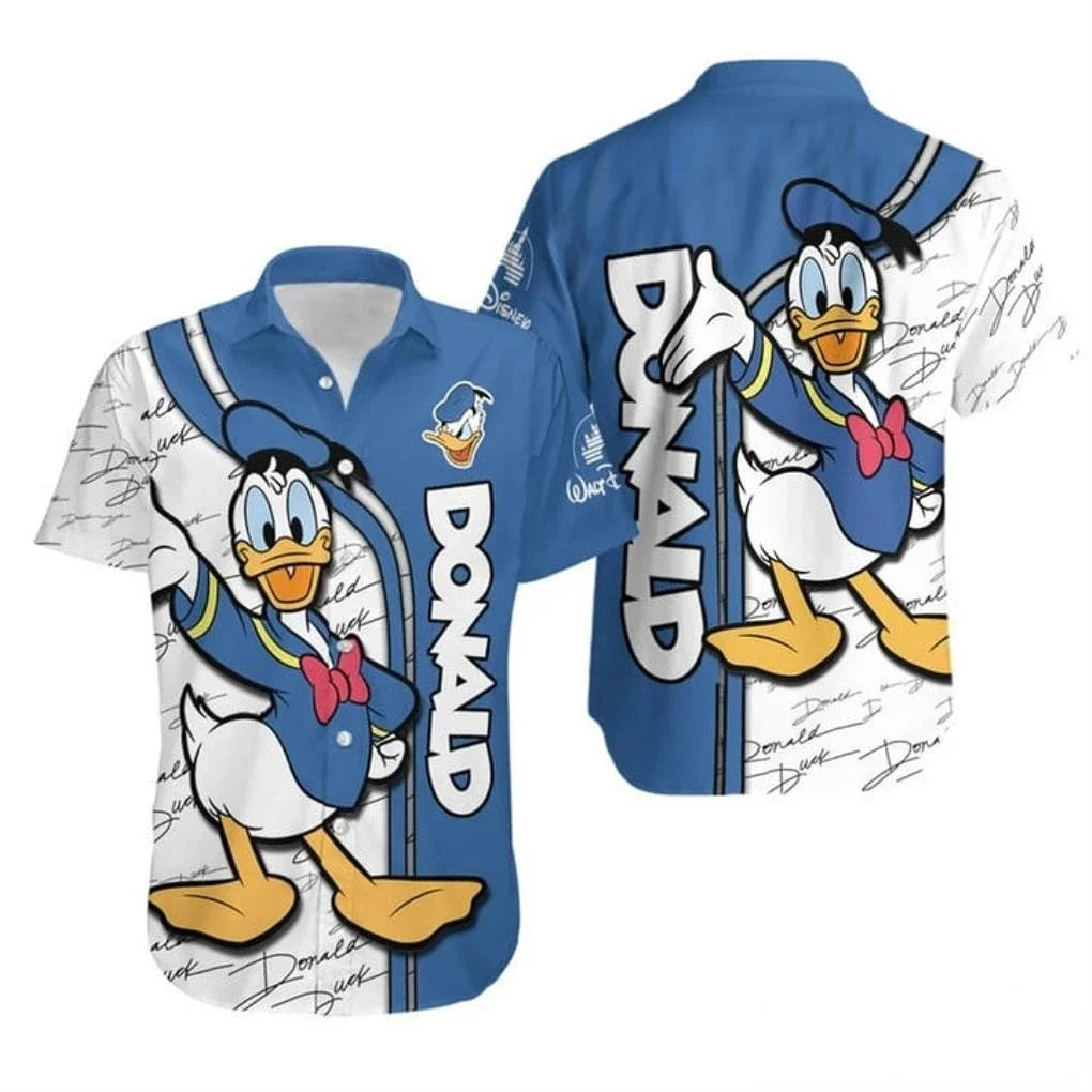 Donald Duck Hawaiian Shirts Men\'s Short Sleeve Tops Disney Hawaiian Shirt Casual Beach Short Sleeve Vintage Button Down Shirt