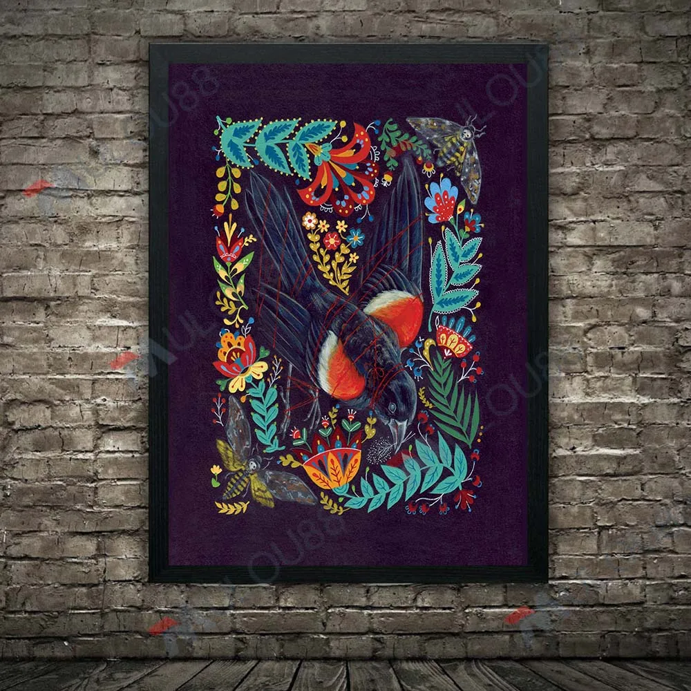 Luna Moth, kruk, lekarz zarazy, Baba Yaga House, ludowa plakat artystyczny drukuje czarny kozioł, wystrój obraz ścienny na płótnie czarownicy