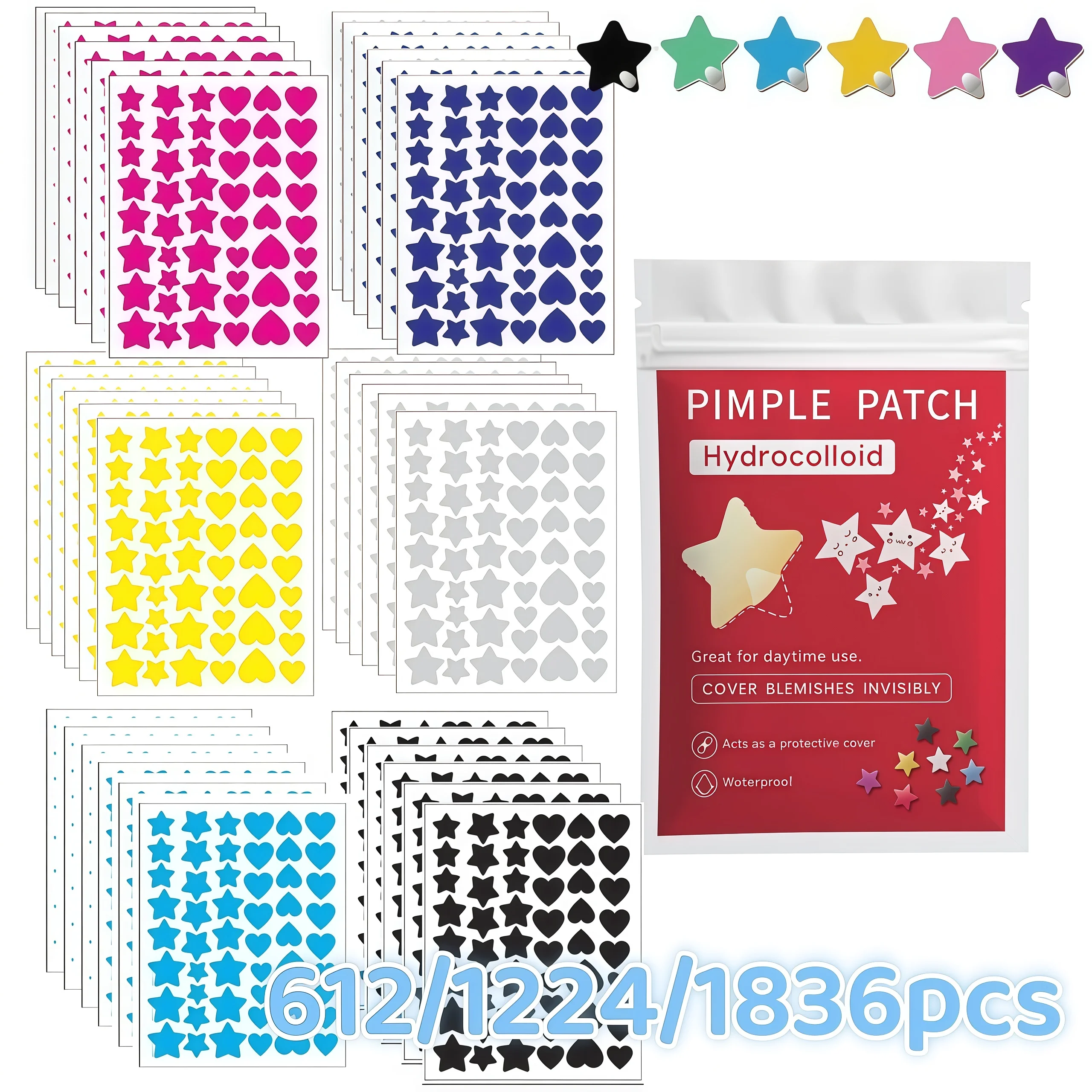 

612/1224/1836pcs Multi-Color Star & Heart Acne Patches, Hydrocolloid Stickers, Gentle, Invisible, Covers Pimples, Travel Ready