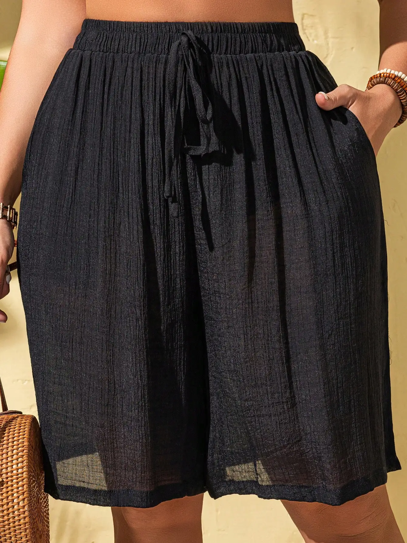 Pantalones cortos tipo bermuda de fibra de bambú con cordón ajustable, talla grande, para la playa y vacaciones de verano