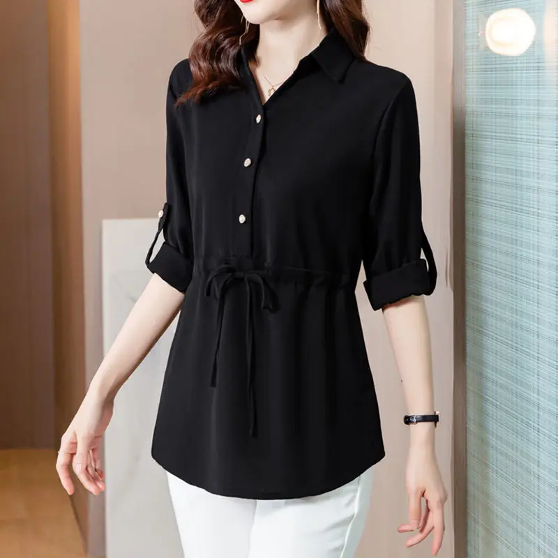 Thin Solid Long Casual Chiffon Button Turn-down Collar Drawstring Women Shirt Women\'s Clothing 2022 Temperament Spring Summer