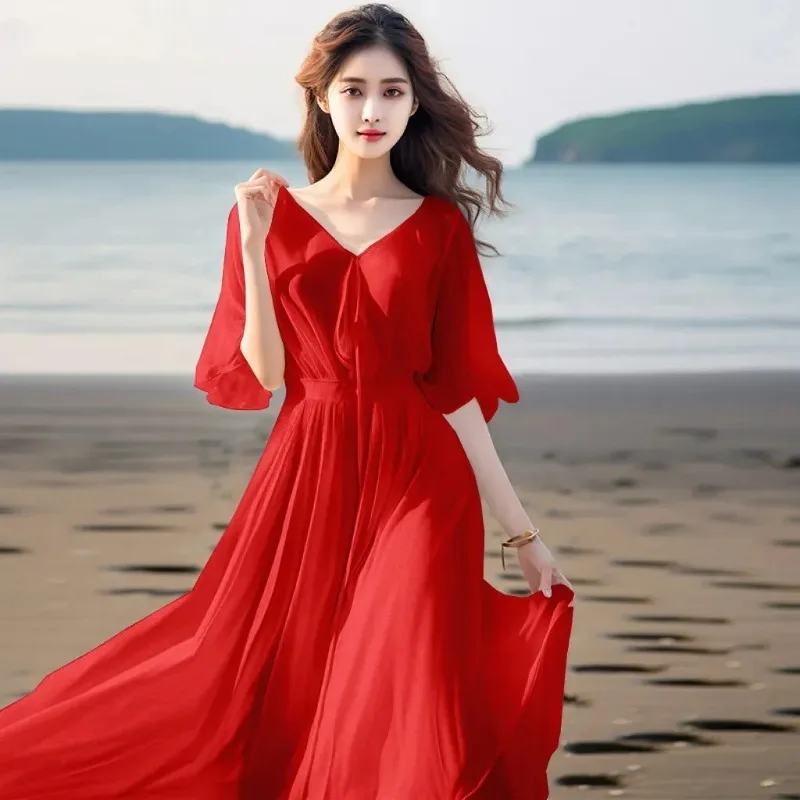 

Women's Red V Neck Half Sleeve Maxi Dress Elegant Flowy Chiffon Beach Long Dress