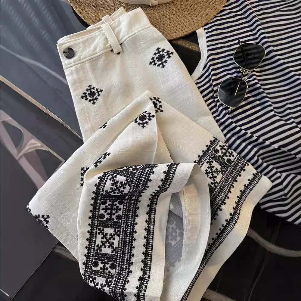 2025 Summer New Thin High Waist Wide Leg Pants for Women Fashion Retro Embroidered Casual Loose Pants Streetwear Women Y2k