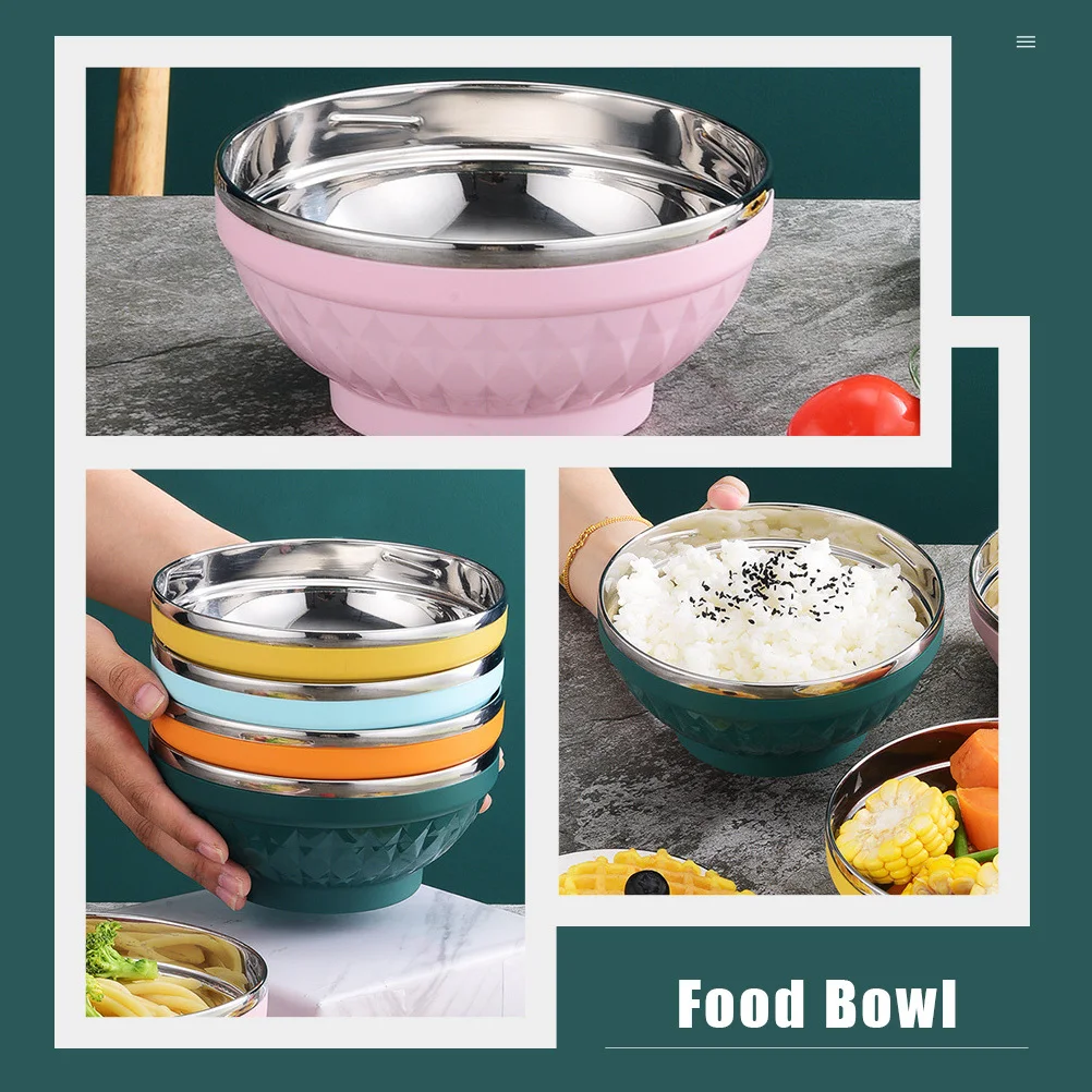

2Pcs Stainless Steel Bowl Chic Design Easy Clean Practical Noodle Soup Rice Food Storage Container Heat Resistant Double Layered