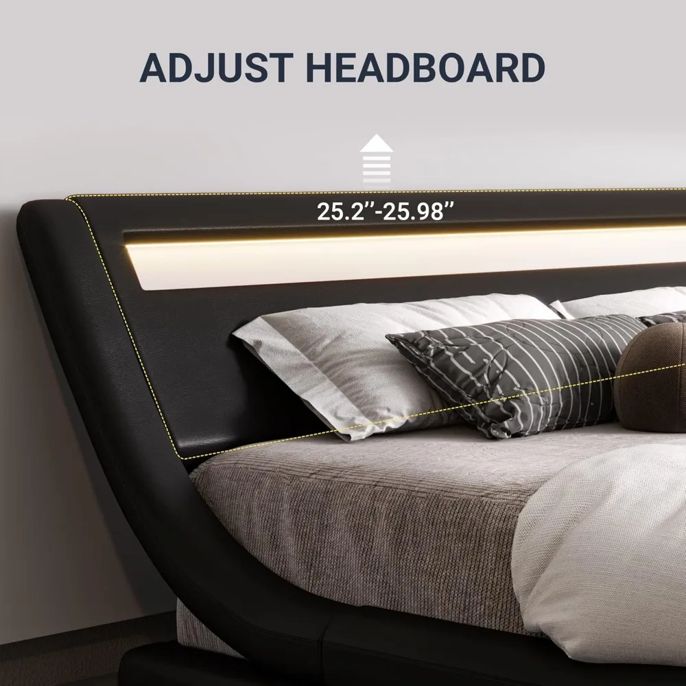 Bingkai tempat tidur Platform LED dengan Headboard yang dapat disesuaikan/tanpa kotak pegas perlu/perakitan mudah/kulit imitasi dalam warna hitam