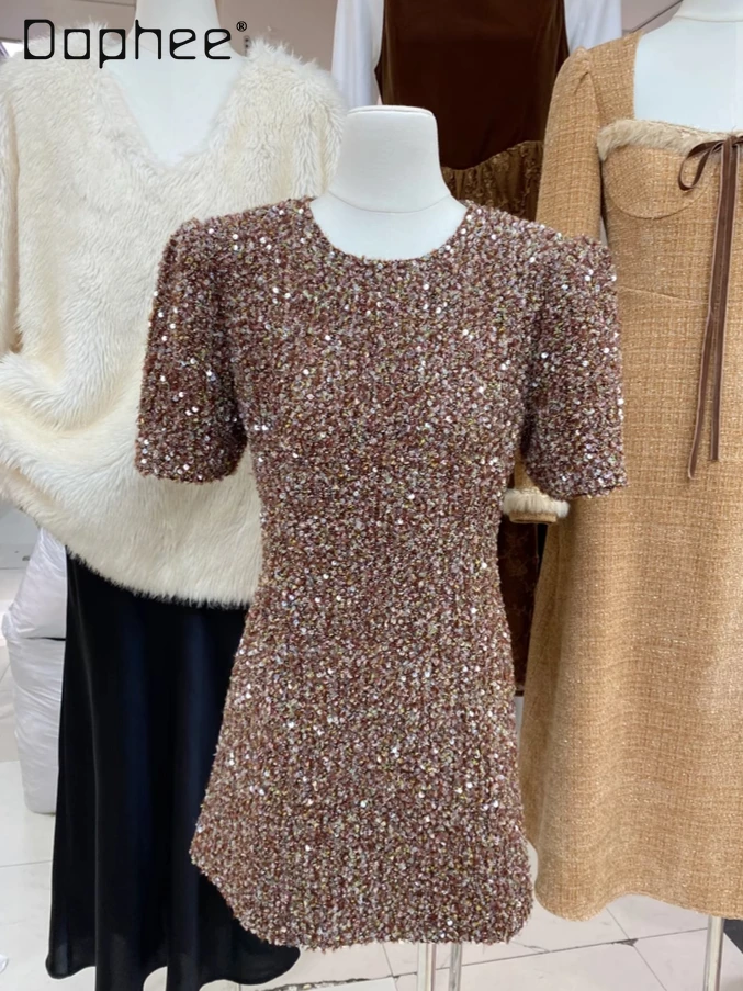 

2025 Spring French Temperament High-end Round Neck Short-sleeved Slim A-line Dress Evening Dresses Fashion Celebrity Mini Dress