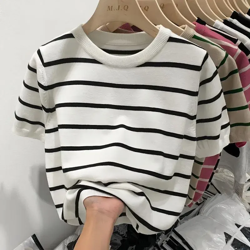 White Striped Short Sleeved T-shirt for Women Fashion LOOSE T-shirts Casual Simple Versatile Knitted Top Women 2024 Summer New