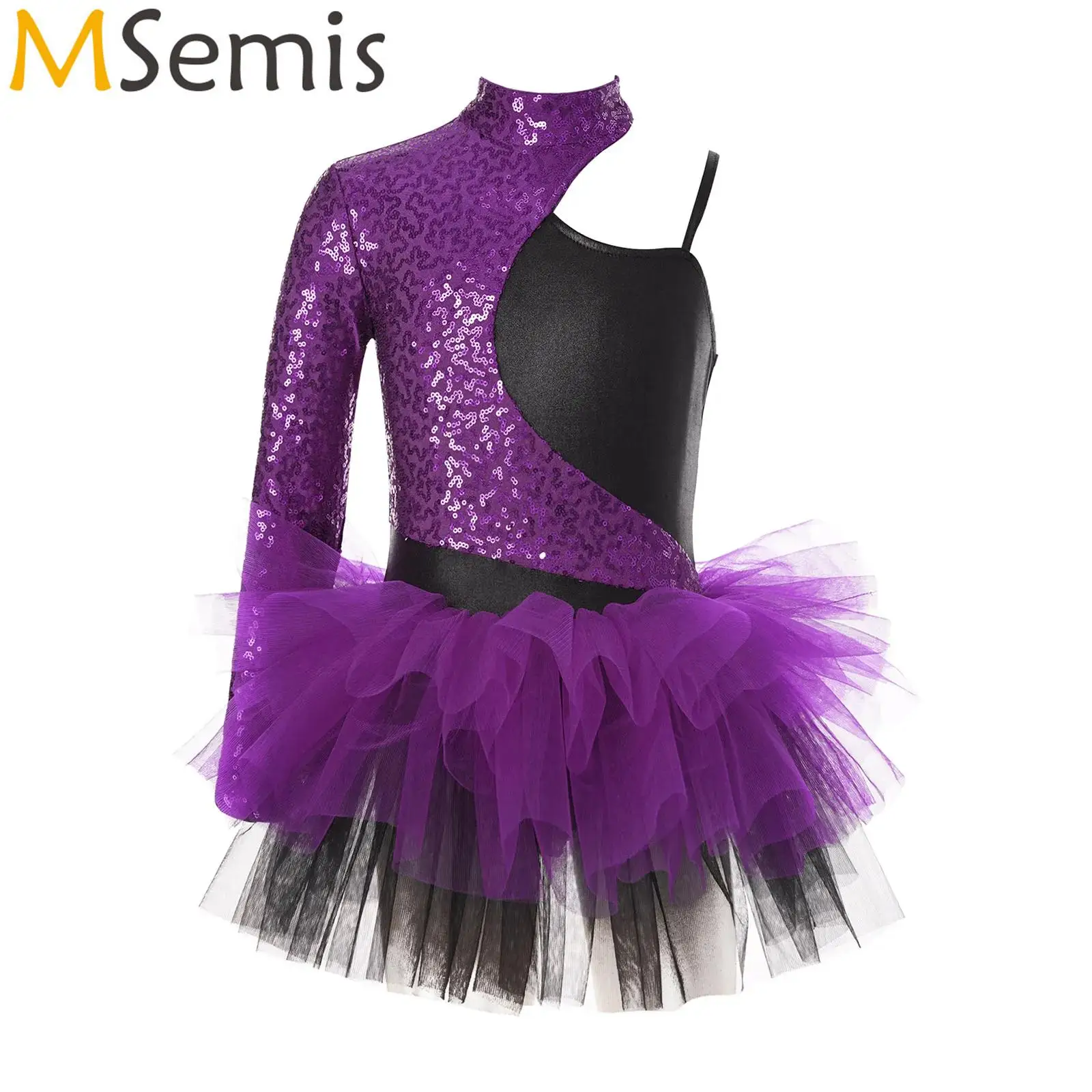 Kids Girls Gymnatics Ballet Jazz Leotards Dance Dress Figure Skating Tulle Skirt Dress Shiny Sequin Leotard Dresses Dancewear