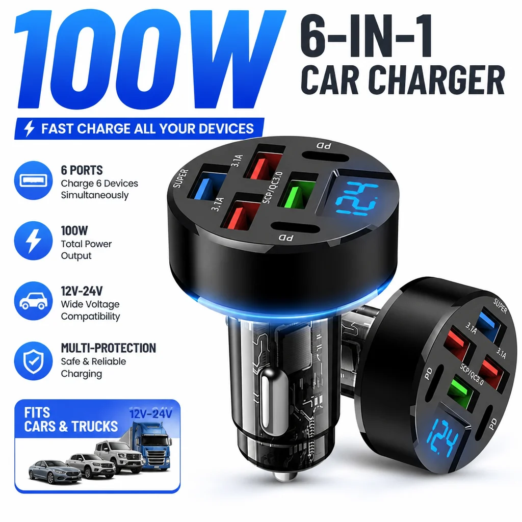 100W 6 Ports Car Charger PD QC3.0 USB 12V-24V Phone Charger Fast Charging Adapter Digital Display For IPhone Auto Accessories