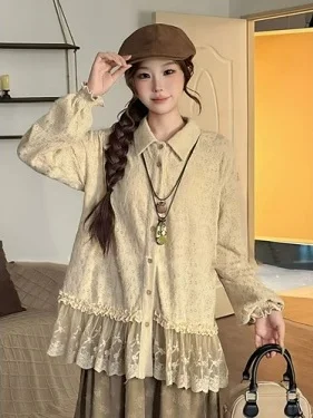 

Женская блузка больших размеров с кружевными вставками, длинным рукавом, весенняя новинка, свободного кроя, стройнящая, с шикарным воротником, повседневная, модная, премиум-качества