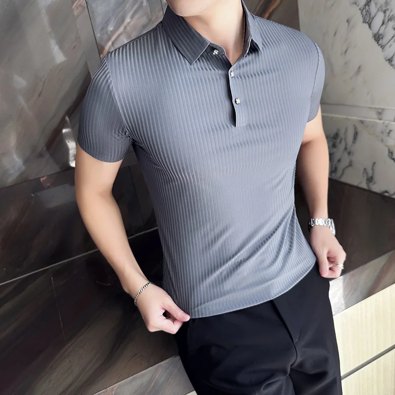 Korean Style Men's Summer High Quality Elastic Force Ice Silk Polo Shirts/Male Slim Fit Stripe Casual Polo Shirts 4XL