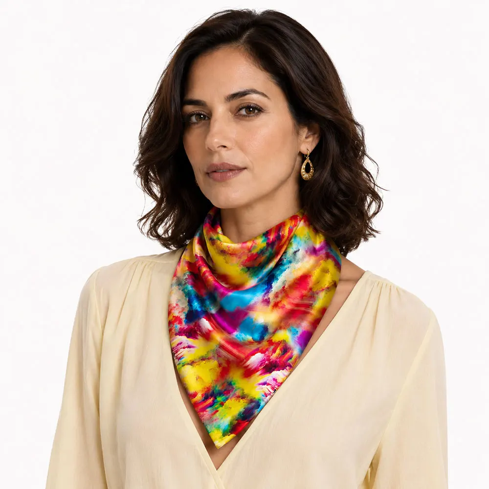 

65cm 100% Natural Pure Silk Scarf Women Abstract Expressionist Psychedelic Oil Print Kerchief Neckerchief Lady Bandana Shawl