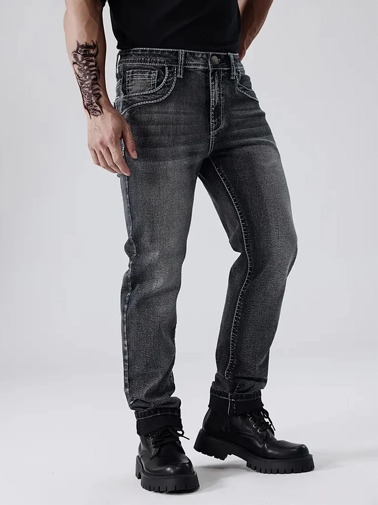 

Autumn Men Retro Embroidery Patchwork Straight Jean Trousers 2025 Streetwear Men's Casual Jeans Slim Fit Stretch Denim Trousers