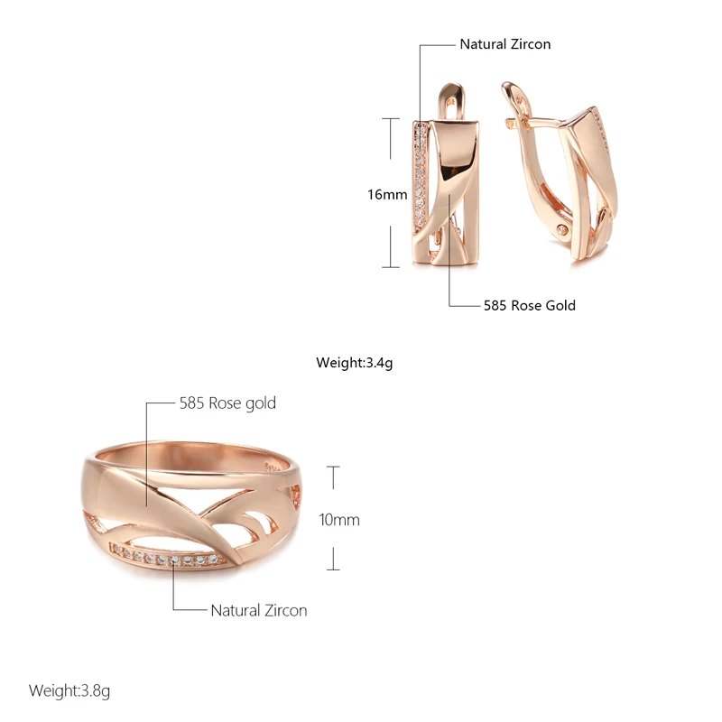 Kinel New 585 Rose Gold Square Drop Earrings Ring Stes Fashion Women Geometry Natural Zircon Ring Fine Daily Boho Jewelry Set