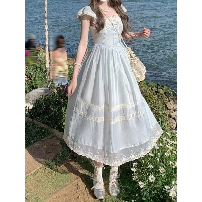 2025 Summer French Retro Style Dress Women Sweet Lace Edge Flutter Sleeve Clothes Bow Blue Long Dresses Elegant Chic Style New