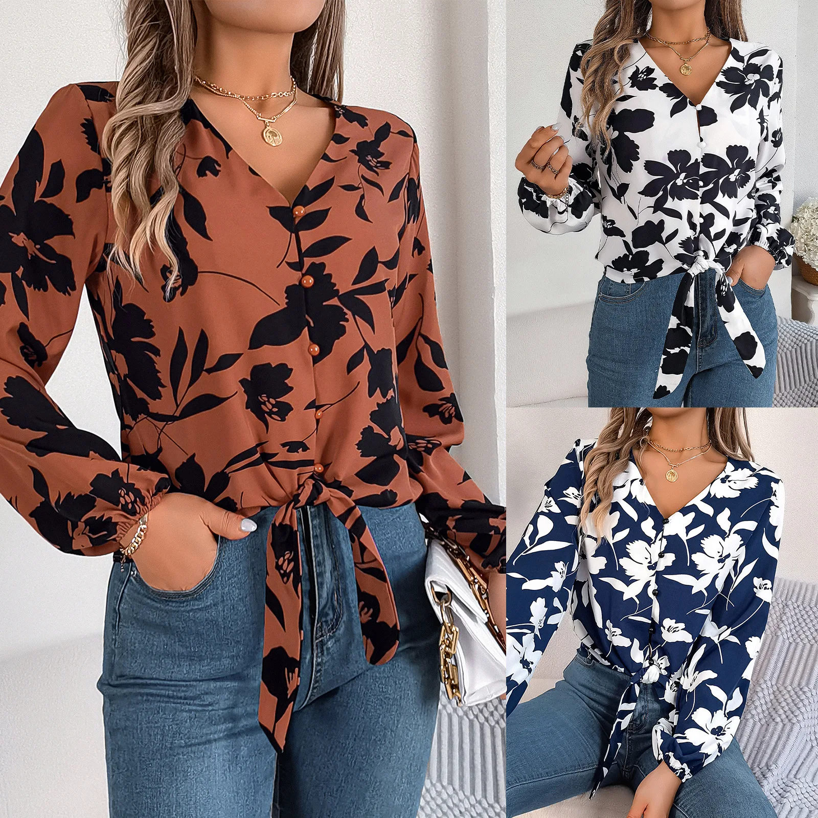 Office Lady Floral Print V Neck Shirt Women Casual Button Bow Tie Long Sleeve Navy Blue Elegant Korean Version Blouse Summer Top