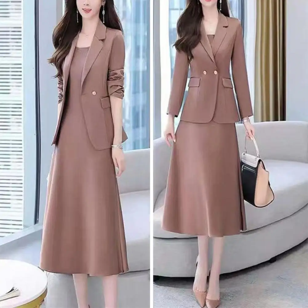 Elegant Coat Slip Dress Set Temperament Mid Length Suit Slip Dress Two-piece Dress Set Commute Business Blazer Dresses Suit