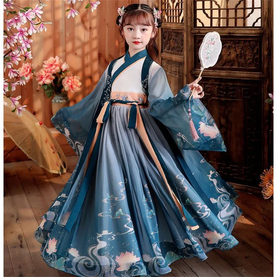 Новый Hanfu Meisjes Lente En Herfst Kinderkostuumjurk 3-12 Jaar Oud Meisje Kersenbloesem информационessenjurk Китайский Stijl Kind