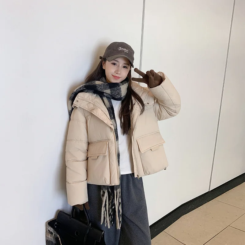 女性用ルーズコットンジャケットコート学生用冬用ピュアカラーフード付きダウンプルーフジッパー開閉式またはスレポリエステル繊維