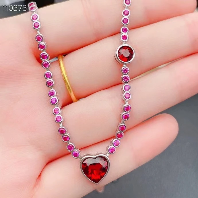 

2022 Newest Heart Style Garnet Necklace for Women Fine Jewelry Real 925 Silver Love Party Gift Birthstone