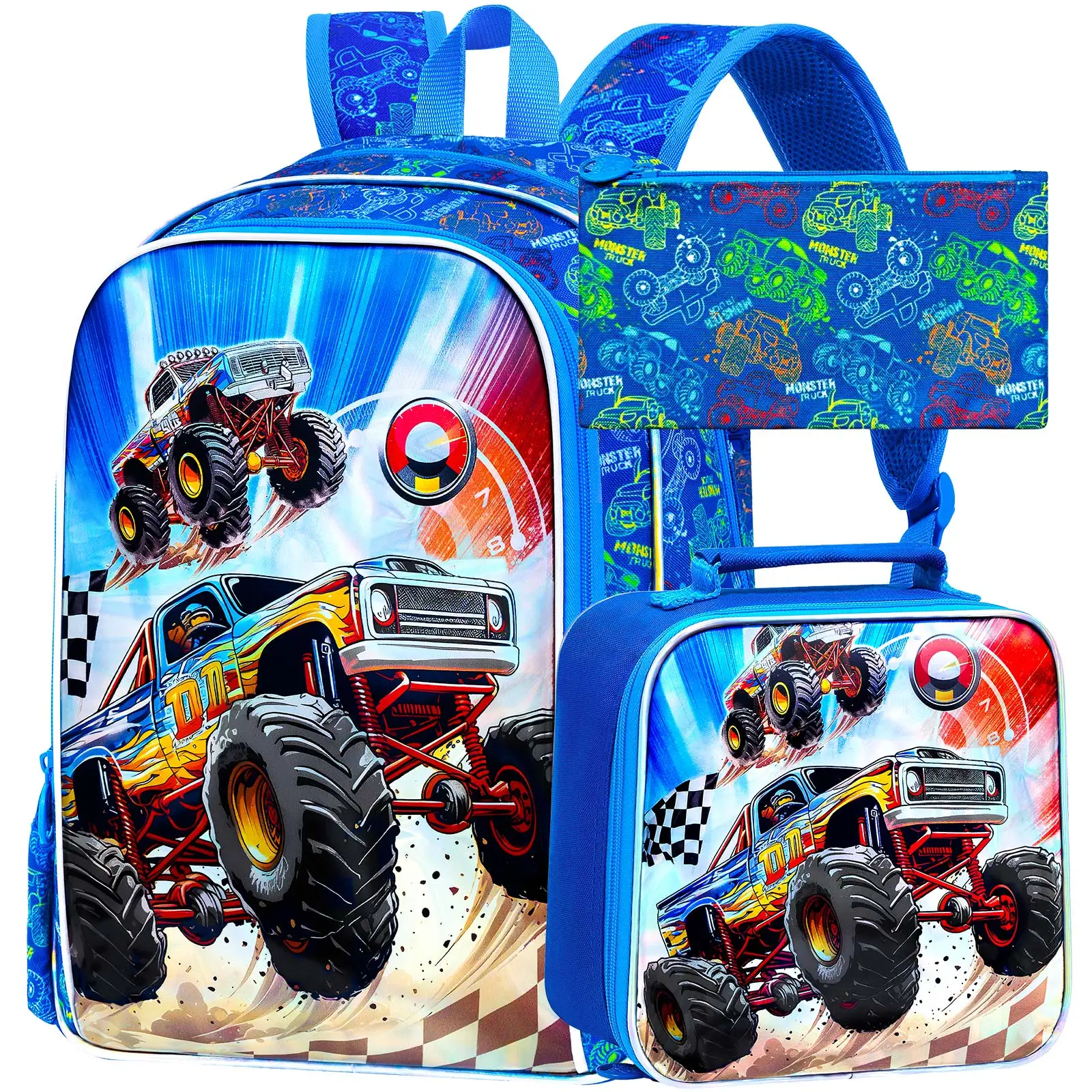 

3PCS Boys Truck Backpack, Water Resistant Kids Bookbag with Lunch Box, 16" Preschool Backpacks for Elementary - Truck Blue