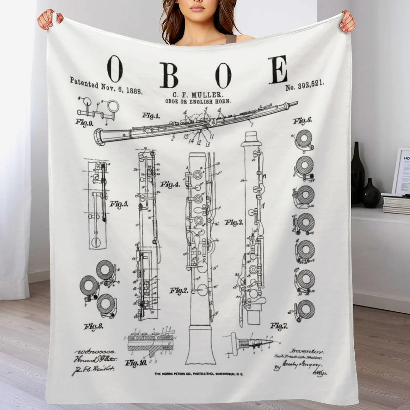 

Oboe Vintage Patent Oboist Drawing Print Throw Blanket