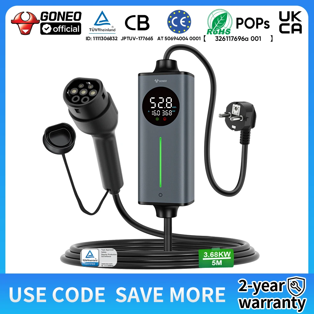 GONEO Caricabatterie portatile per veicoli elettrici di tipo 2 – Spina Schuko, per veicoli elettrici e PHEV ​ , Controllo intelligente della temperatura, protezione doppia FI (AC+DC), terra automatica