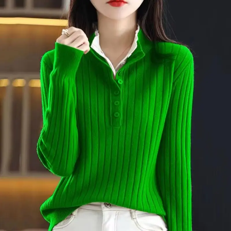 

New 2025 Korean Fashion Knitted Sweaters Women Pullovers Autumn Winter Fake Two Pieces Casual Warm Knitwear Femme Jumper Sweate