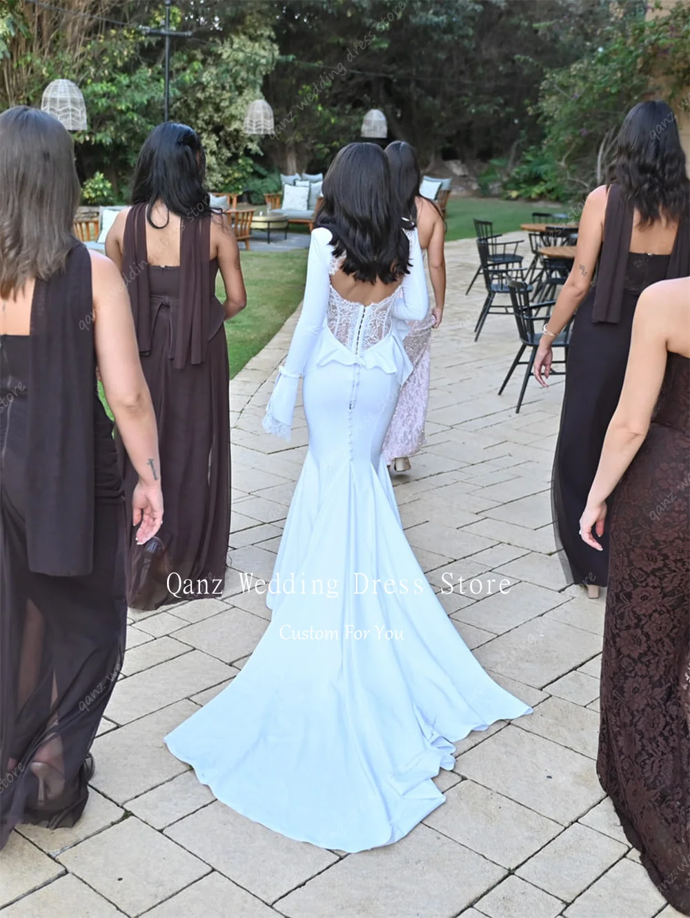 Qanz Minimalism White Satin Wedding Dresses High Neck Mermaid Long Sleeves Robe De Mariée Open Back Bridal Gowns Customized