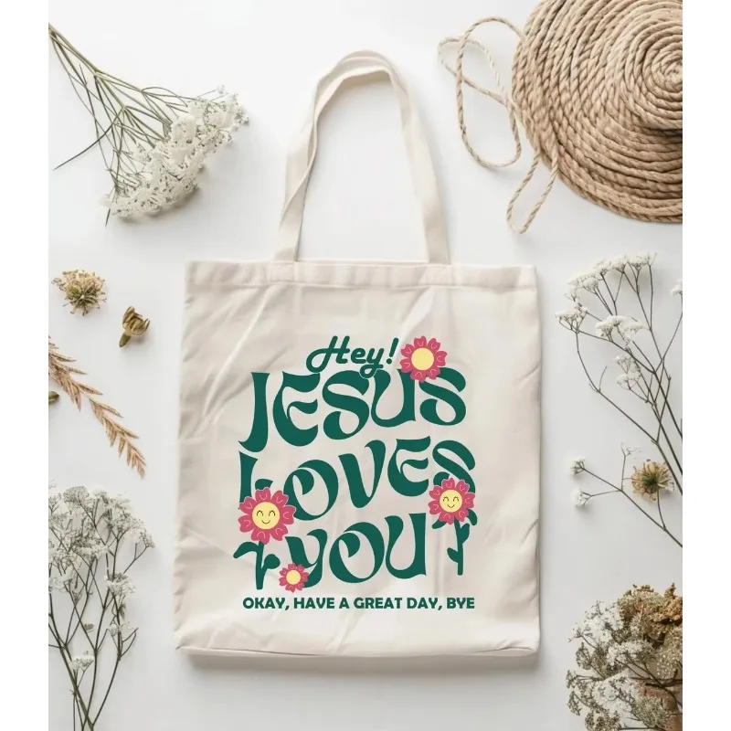 Jesús te ama el bolso de mano de lona inspirador bolso de compras de comestibles reutilizable elegante bolso de hombro informal ecológico para mujer