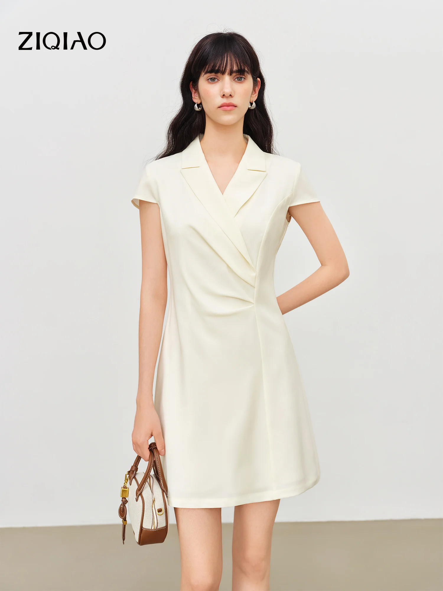 ZIQIAO 2026 Summer Women‘s Structured Blazer Dress Deep V-Neck Waist-Defining Pleats Tailored Shoulders Midi Casual Office Style