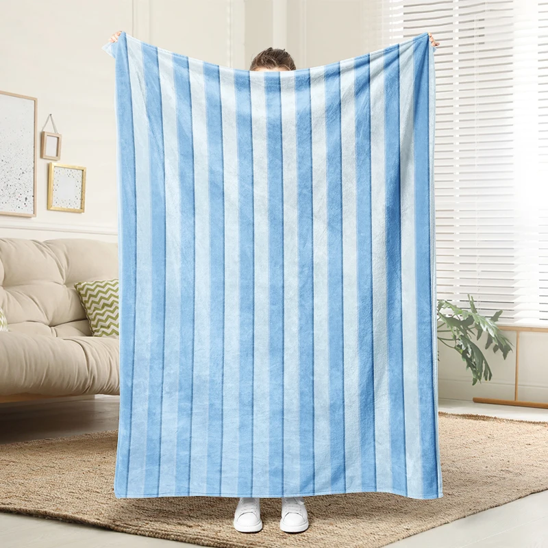 

Blue Stripe Flannel Blanket Soft Warm Throw Fresh Home Decor for Sofa Bed Living Room