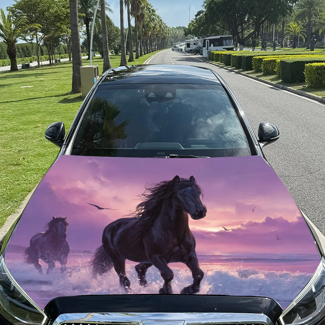 Romantic Galloping Horses with Pink - Purple Sunset Print car hood stickers, waterproof self-adhesive, scratch resistant, easy t