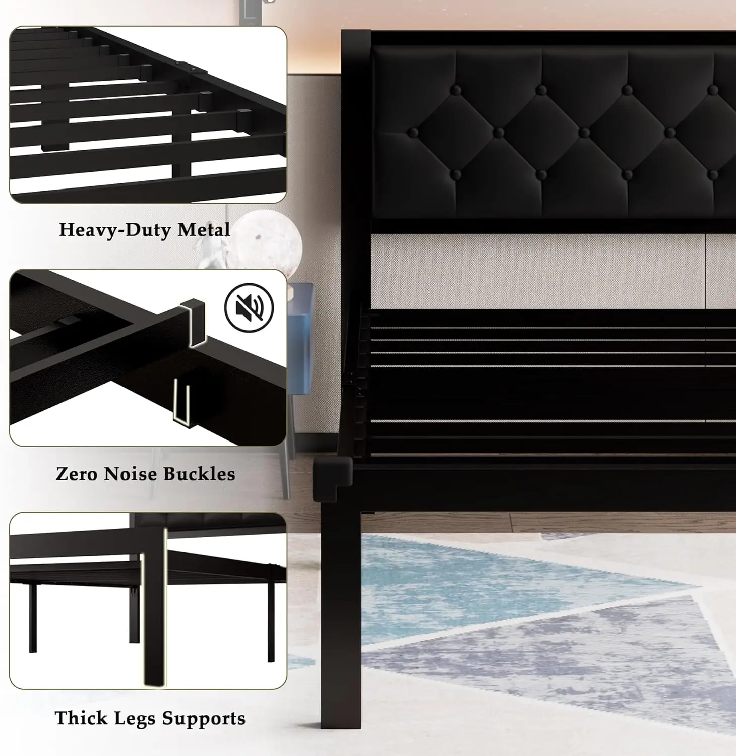 Twin Size Metalen Bedframe Met Faux Lederen Knop Getufte Hoofdeinde, Zwaar Platform Bed Frame Met 12 "Opslag, Ste