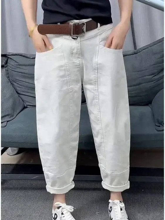 Calça Jeans Unissex de Cintura Alta, Caimento Solto e Versátil, Moda Primavera Verão, Calça Longa Casual Estilo Harlan 7/8