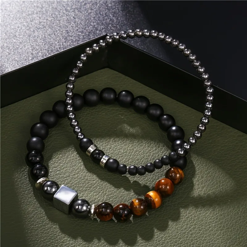 8mm Triple Layer Protection Bead Chain Bracelet, 2 Piece Fashion Bracelet Set, Natural Obsidian Bracelet for Good Luck and Fortu