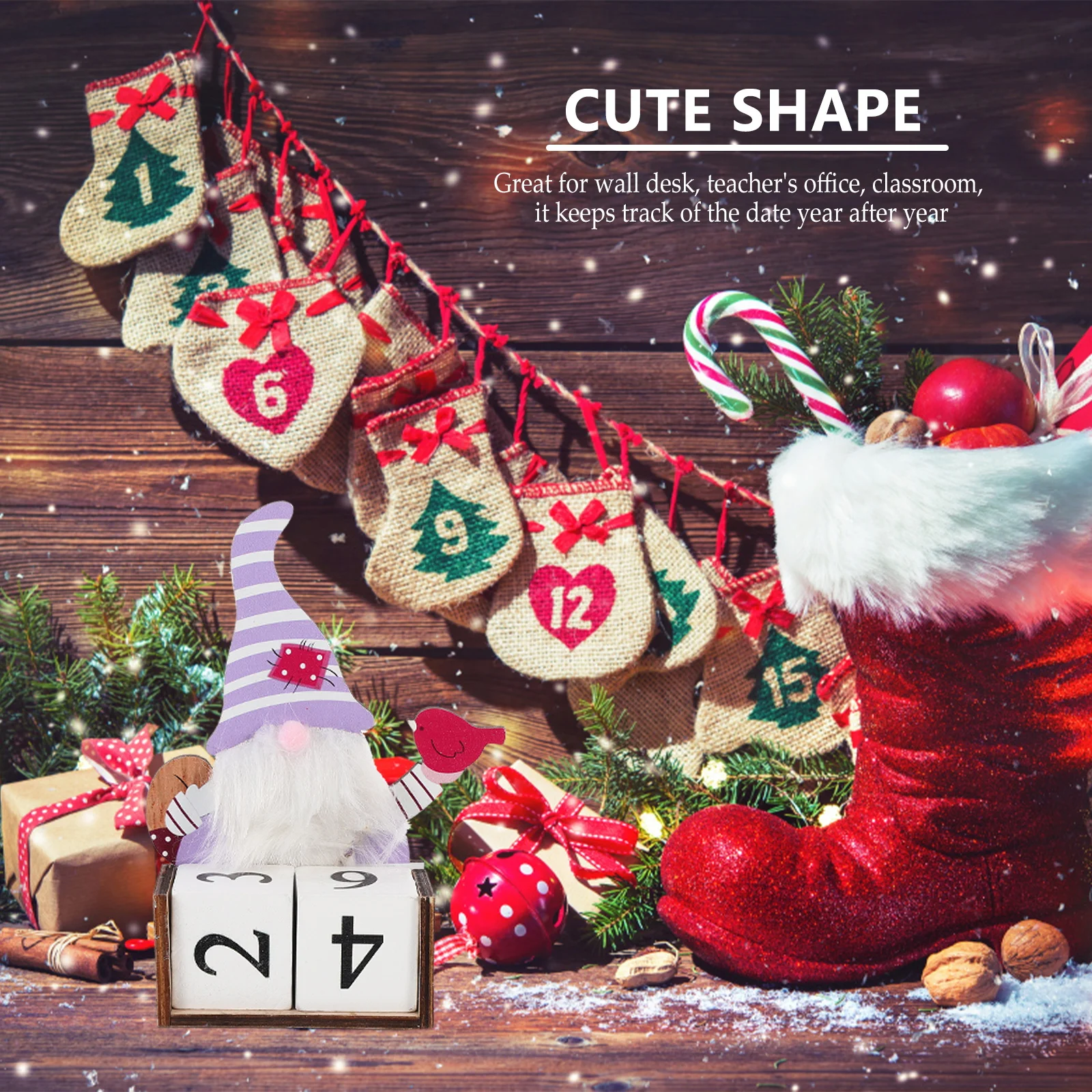 

1Pcs Wooden Calendar Christmas Style Desktop Block Calendar Perpetual Date Display Tabletop Decoration Wood Month Date Display